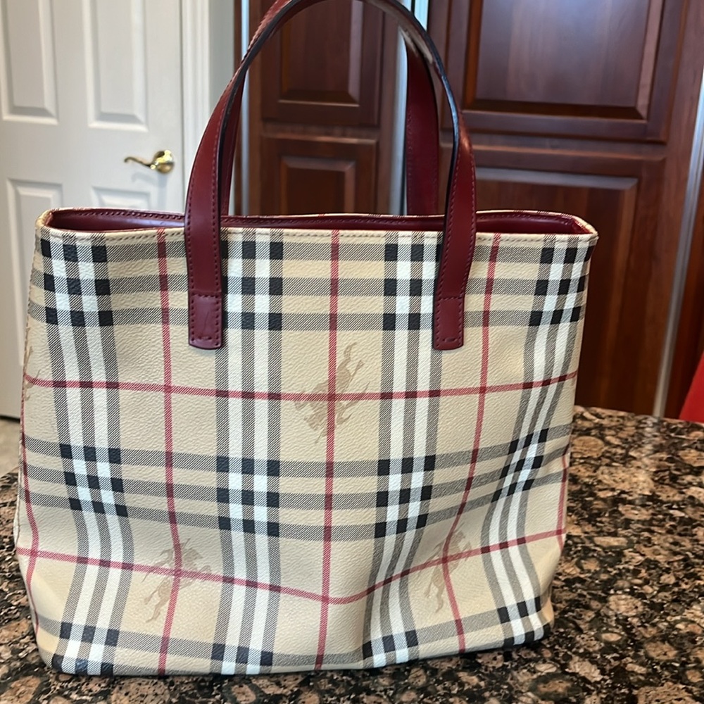 Burberry Checkered Satchel with Red Handles